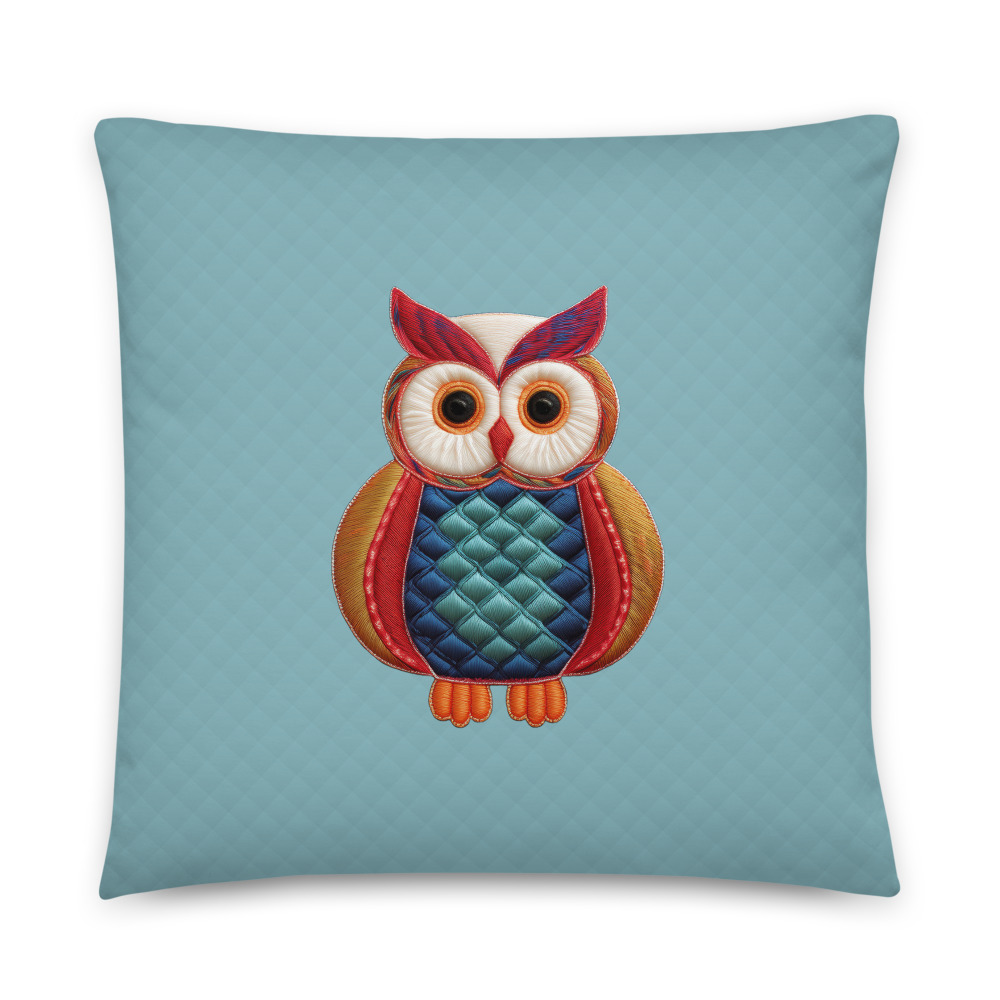 Quilted-Style Owl Pillow with Geometric Pattern Reverse