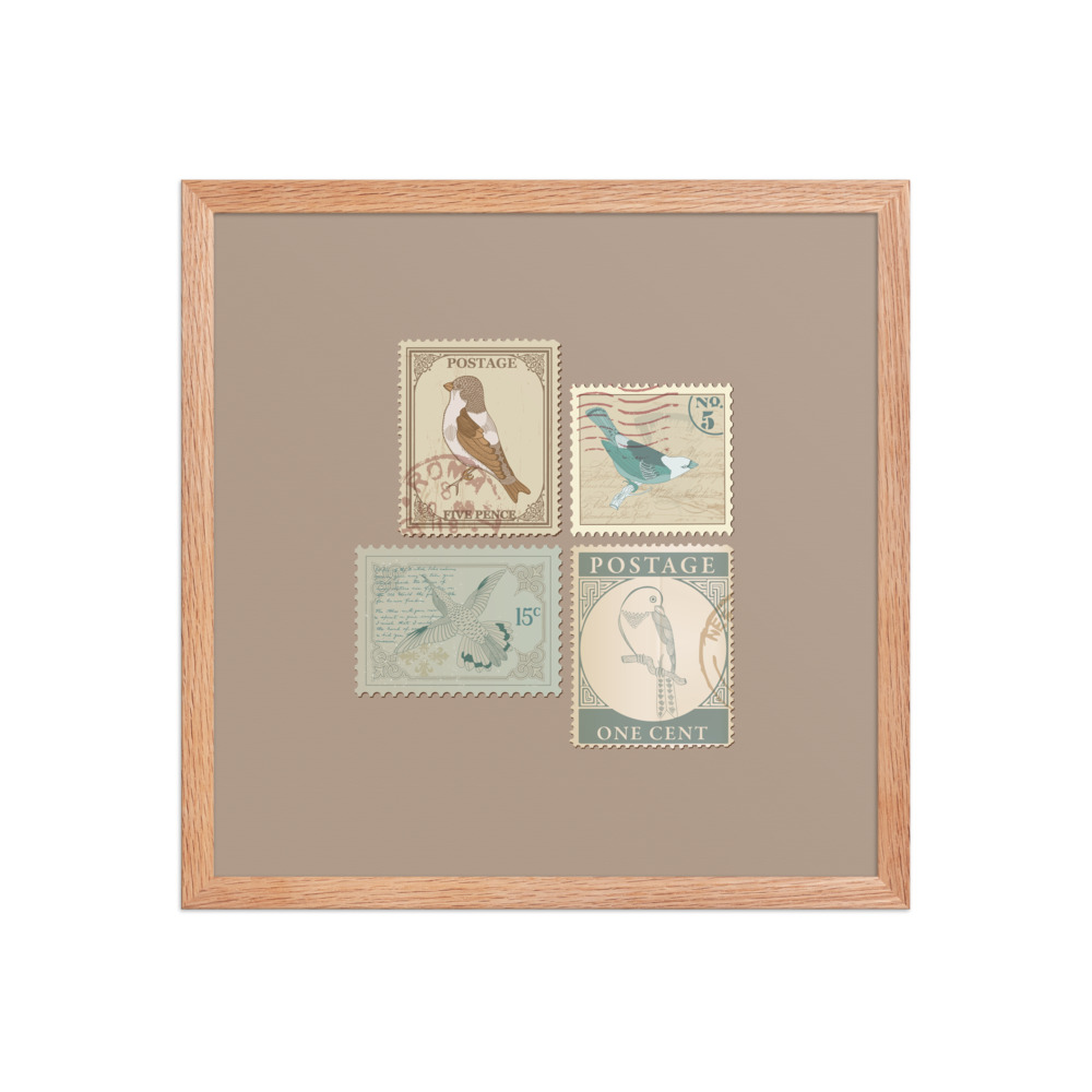 Birds in Postage Neutral 4 Stamp Collection - Framed Print · Red Oak / 16″×16″
